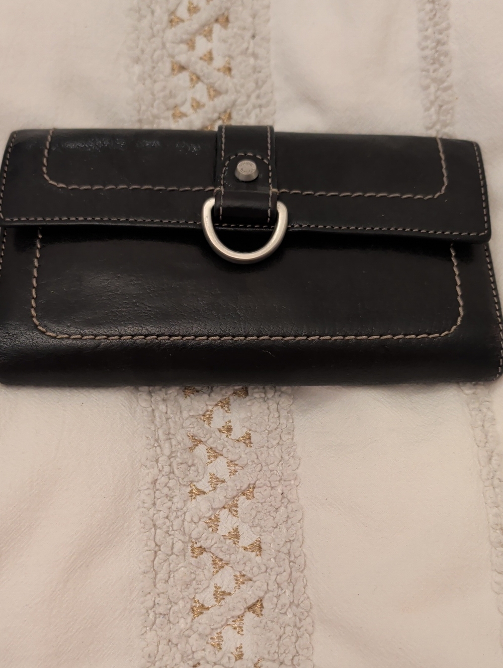 Fossil Black Leather Wallet with Silver Ring Accent